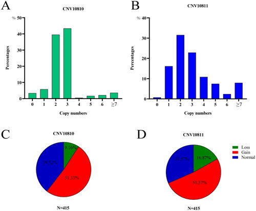 Figure 1. Distribution of different SNX29 CNV types in CNV10810 and CNV10811 in the 415 DSE pigs.