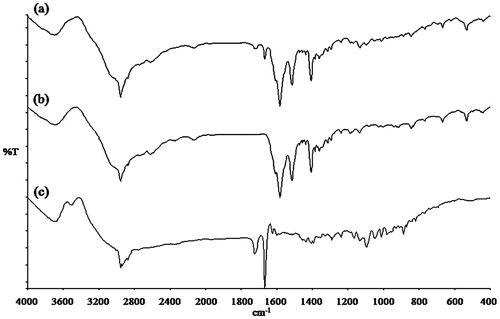 Figure 2. IR spectrum of (a) kneaded budesonide-l-leucine at a ratio of 1:1, (b) spray dried l-leucine and (c) micronized budesonide.