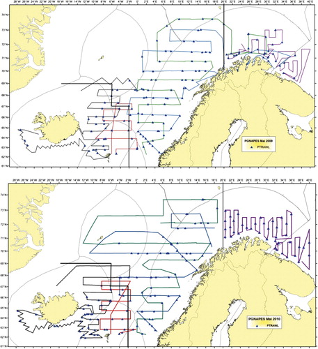 Figure 2. Cruise tracks for the ICES-coordinated International Ecosystem Survey in the Nordic Seas (IESNS) in 2009 and 2010. Cruise tracks of the five vessels are shown in separate colours.