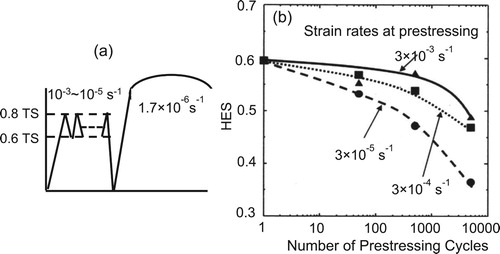 Figure 6. Tensile test after cyclic prestressing. (a) Schematic illustration of cyclic prestressing of different strain rates with/without hydrogen charging. Tensile test was conducted at constant strain rate. (b) Degradation of fracture strain at the tensile test affected by cyclic prestressing under hydrogen precharging [Citation48].