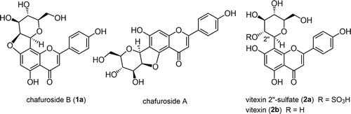 Figure 1. Structures of C-glycosylated flavones, such as chafurosides A and B (1a) and vitexins (2ab).
