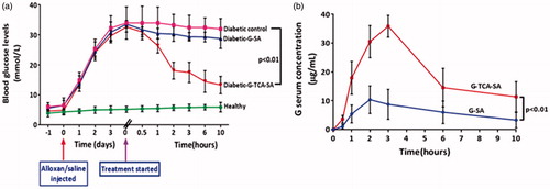 Figure 10. Blood glucose measurements (a), and Gliclazide serum concentration (b). Data are expressed as mean ± SD; n = 8 and each sample analyzed in triplicates.