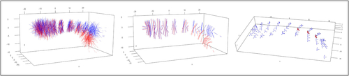Fig. 8 Simulation. Left: Two groups of simulated ds-reps. Middle: Overlaid mean LP-ds-reps. Right: Illustration of local frames. Bold frames are statistically significant.