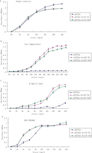 Figure 4. Growth kinetics of recombinant E. coli cells expressing AveIF-5A and AveIF-5A1 grown in liquid nutrient medium in: normal conditions (A), low-temperature (16 °C) (B), 0.5 mol/L NaCl (C) and 20% PEG stress (D).