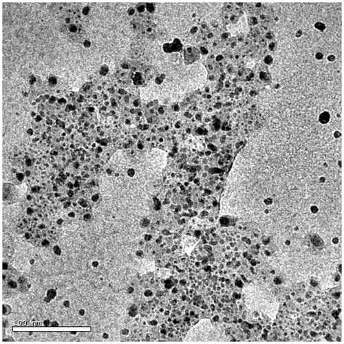 Figure 5. HRTEM images of humic protected silver nanoparticles synthesised at 0.002 mol l−1 of silver nitrate concentration. In which silver nanoparticles are poly-dispersed. Dark spots correspond to silver nanoparticles.