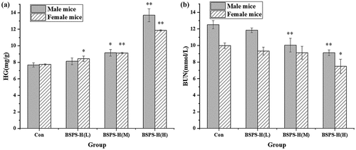 Figure 5. Effect of the BSPS-H on the mice after swimming. (A) Hepatic glycogen-HG, (B) Blood urea nitrogen-BUN. Values are represented as means ± SD (n = 6). *p < .05 when compared to the control group. **p < .01 when compared to the control group.