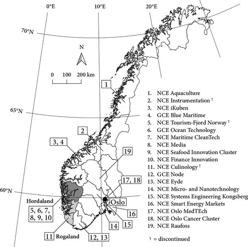 Fig. 2. Geographical distribution of GCEs and NCEs in the Norwegian Innovation Cluster programme