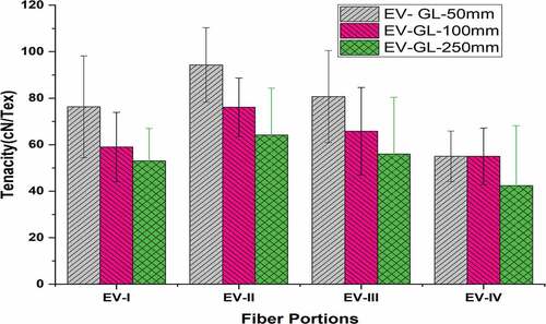 Figure 3. Effect of Gauge length and fiber portions on Tenacity (cN/Tex).