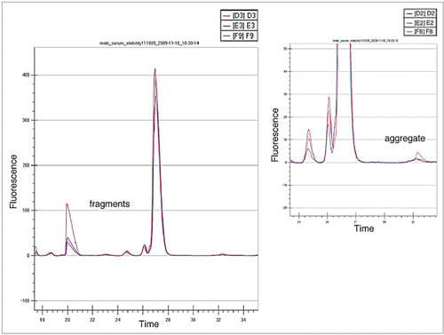 Figure 8 (See opposite page). Monitoring aggregate and fragment formation of a mAb in whole blood using the LabChip GXII (T = 0, 4 and 24 hrs).