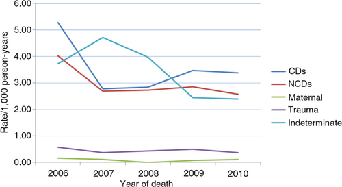 Fig. 2 Mortality rates per 1,000 person-years by cause group by year (2006–2010).