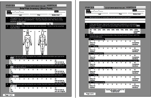 Figure 2 Brief pain index questionnaire. Evaluation was performed in all patients at 11 levels based on the degree of pain and the mood and behavior disturbed by pain. Note: Copyright ©2009. MD Anderson Cancer Center. Reproduced from Cleeland CS. The Brief Pain Inventory User Guide. Available from: https://www.mdanderson.org/documents/Departments-and-Divisions/Symptom-Research/BPI_UserGuide.pdf.Citation11