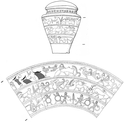 Figure 2. The desirability of textile materials can also be evident in their absence. In the lower frieze of the Benvenuti Situla, Este, Italy, 550–500 BC, three male prisoners are shown without clothing, their hands bound, led by armed and armoured men. Their lack of clothing highlights their lowly status. This is altogether different from the two men fighting a duel, where nudity is associated with athleticism. Situla height 31 cm (Drawing Jasmine Parker after Lucke and Frey (Citation1962, taf. 65).