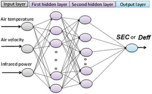 Figure 2. Artificial neural network topology for modeling effective moisture diffusivity or energy consumption of white mulberry fruit