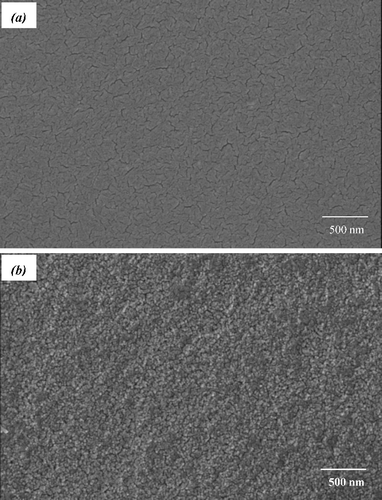 Figure 7. FE-SEM images of (a) pure TiO2 and (b) Fe3+/F− co-doped TiO2–SiO2 composite films calcined at 450 °C in air for 1 h.