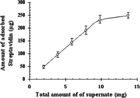 Figure 6 Effect of amount of supernatant on the absorbance of streptavidin by iminobiotin-MPVAMS. Set conditions: spacer: EDA; amount of NHS-iminobiotin: 5 mg/mL MPVAMS; adsorption time: 45 min; elution: 0.1 M acetic acid for 30 min.