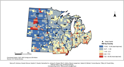 Figure 3. 2010 Midwestern states neighborhood deprivation index (NDI).