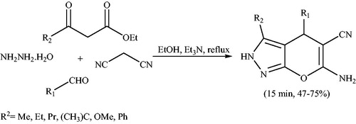 Scheme 25. Four-component synthesis of 6-amino-2H,4Hpyrano[2,3-c]pyrazol-5-carbonitriles using aromatic aldehyde.