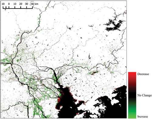 Figure 4. High-resolution tracking of surface water dynamics using remotely sensed optical imagery, demonstrated using 30-m resolution LandSAT imagery over the Pearl River Estuary and Lower Dongjiang River Basin. Map extracted from results of an algorithm tracking change of Water Occurrence Change Intensity between 1984 and 2015 developed by Pekel et al. (Citation2016).