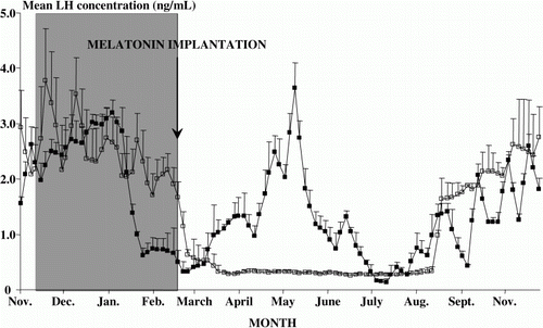 Figure 1.  Weekly means (±SEM) of LH concentrations (ng/mL) of Mediterranean goat females subjected to artificial long days from November to February, followed by treatment with one s.c. melatonin implant (PHOTO-MEL group, ▪) or to natural changes in day length (C group, □). The shaded area indicates the duration of the long-days treatment.