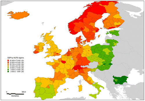 Figure 1. Gross domestic product (GDP) by NUTS regions. The classification is based on a ‘natural breaks’ optimization.
