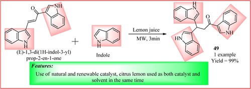 Figure 35. Schematic representation for synthesizing 1,3,3-tri(1H-indol-3-yl)propan-1-one by Hassan et al.