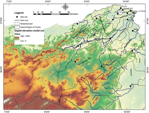 Figure 1. Geographical location of the Medjerda catchment study site in Tunisia and the 41 selected rainfall stations.