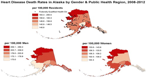 Fig. 5 Choropleth/dot map that displays the distribution of heart disease death rates in Alaska by gender and public health region between 2008 and 2012. Source: https://www.cdc.gov/dhdsp/maps/gisx/mapgallery/AK_HDGender.html.