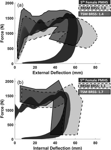 Figure 4. Comparison of the small female PMHS corridor (black) with TSM (solid line) and RRSM (dashed line) scaled corridors for (a) FEDC and (b) FIDC.