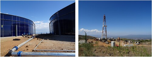 Figure 2. Left: Tank site on Mt. Paka; right: Construction of the first drilling rig on Mt. Paka. Photo courtesy David Greven.