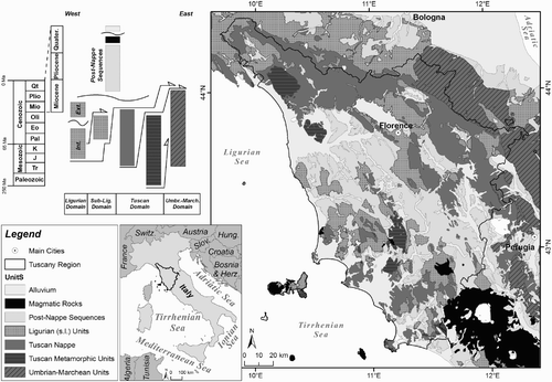 Figure 1. Simplified tectonic sketch of Tuscany Region (modified after Cornamusini, Ielpi, Bonciani, CitationCallegari, & Conti, 2012).