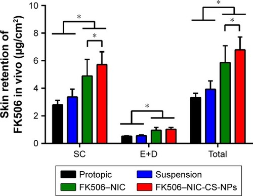 Figure 3 In vivo skin retention of FK506 from different formulations in different skin layers of SC, E+D, and total amount in skin (Total).Notes: Each symbol and bar represented the mean ± SD of six determinations. Significant differences were calculated using ANOVA test (*P<0.05). The concentration of FK506 in each formulation was 1 mg/mL (g).Abbreviations: E+D, epidermis and dermis; FK506, tacrolimus; FK506–NIC, FK506 dissolved in 20% nicotinamide aqueous solution; FK506–NIC-CS-NPs, tacrolimus-loaded chitosan nanoparticles containing nicotinamide; h, hours; SC, stratum corneum; SD, standard deviation.