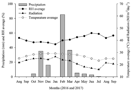 Figure 1. Average air temperature, radiation, relative humidity (RH) and precipitation during the experiment
