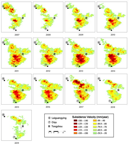 Figure 5. The annual maps of subsidence with rate >5 cm/year show the land subsidence evolution characteristics in Laiguangying–Ciqu (labelled with D in Figure 4) during the period between 2007 and 2019. These results are only colour-coded for subsidence rate >5 cm/year to preferably present variation of subsidence bowl (from green [representing subsidence rate between 5 cm/year and 5.9 cm/year] to dark red [denoting subsidence rate between 14 cm/year and 18.8 cm/year]).