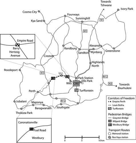 Figure 1. Illustrative map of Johannesburg’s Corridors of Freedom (Louis Botha, Empire-Perth and Turffontein) and pedestrian bridges (Grayston, Milpark and Westbury Bridges) (map made by author 8/2021).