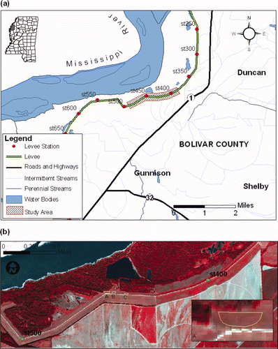 Figure 2. (a) Location and extent of study area. (b) Levee slides verified from field observations shown on the analysed CASI II imagery.