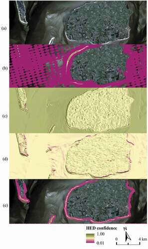 Figure 7. (a) Original 3 m PlanetScope image of the islands of Sylt, Amrum, and Föhr, Frisian Islands, Germany (54°68ʹ31.4 N, 8°55ʹ74.4 E). Predicted coastal vegetation edge locations using the HED model trained with spectral band combination (b) RGB, (c) RG-NDVI, (d) RB-NIR, (e) RG-NIR.