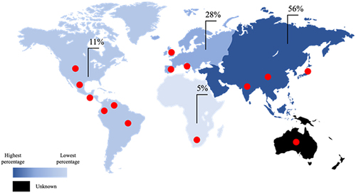 Figure 1 Geographic distribution of Sporothrix globosa isolates. This species is mainly found in Asia (China, India, and Japan), followed by Europe (Spain, Italy, and United Kingdom), America (Brazil, United States, Venezuela, Guatemala, Colombia, and Mexico), and Africa (South Africa). The red dots indicate the countries where S. globosa has been isolated.