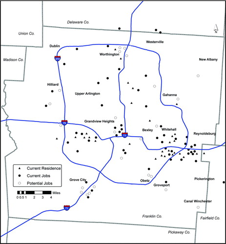 Figure 3 Composite map aggregating spatial data of residential and employment locations collected from thirty interview participants in Columbus, Ohio. Source: Boschmann (Citation2011). (Color figure available online.)