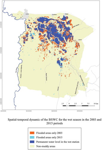 Figure 10. Spatio-temporal dynamics of BSWC for wet season in 2003 and 2015 periods.