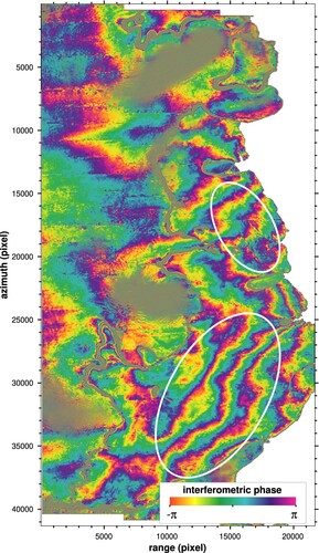 Figure 6. The double differential interferogram with respect to the pair 20201218/20201230–20201230/20210111. It is in the radar geometry. The interferometric fringes observed over the ice shelf areas, as indicated by the white ellipses, should be mainly attributed to residual horizontal displacements.