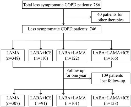 Figure 1. Flow chart. COPD: Chronic Obstructive Pulmonary Disease; ICS: Inhaled Corticosteroid; LAMA: Long-Acting Muscarinic Antagonist; LABA: Long-Acting β2-Agonist.