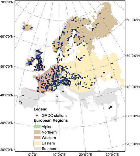 Figure 1. Hydro-climatological regions of Europe and location of 614 GRDC stations used in the study.