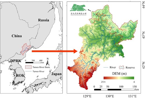 Figure 1. Geographical location of the study area and the spatial distribution of major rivers and elevations. The reserve area belongs to the Northeast Tiger and Leopard National Park.