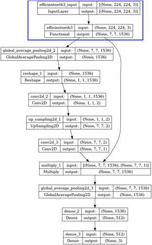 Figure 4. Model architecture of EfficientNetB3 with trainable layers and spatial attention block used in this study. Layers in the blue box indicate the non-trainable blocks.