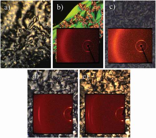 Figure 6. (Colour online) The textures obtained using the polarised optical microscope and the corresponding X-ray diffraction patterns for CBO11O.4 in (a) the nematic, (b) the smectic A, (c) smectic C, (d) smectic I and (e) soft crystal J phases.