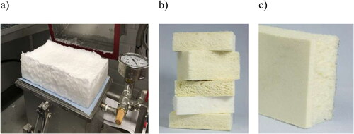 Figure 16. The procedure of making lightweight structures: (a) After dewatering, the wet sample is removed from the mold with the forming fabric, and the rest of the water is evaporated in an oven (70–105 °C) for about 12–24 h. This results in highly porous fibrous structures with a thickness of 10–100 mm. Density depends mainly on consistency and air content. (b) Dried sample made from chemithermomechanical (CTMP) and softwood kraft pulps. (c) A foam-formed CTMP structure having higher density on the side of the forming fabric (wire).