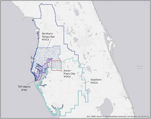 Figure 5. The Tampa-St Petersburg metropolitan (TSP) area, Northern Tampa Bay water use caution area (WUCA), Dover-Plant City WUCA, and Southern WUCA.