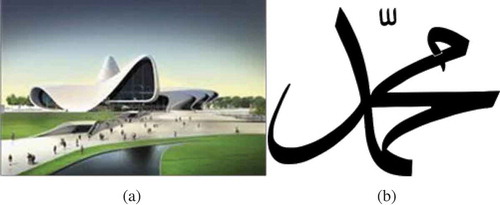 Figure 3. (a) The Heydar Aliyev. Front façade (Singhal, Citation2011), (b) The Arabic calligraphy of the word “Mohammed” (Fazayeli, Citation1971)