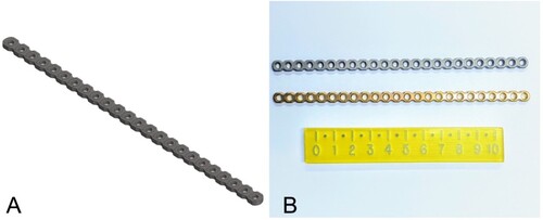 Figure 1. (A) Stereolithographic file of the computer aided design, additively manufactured (AM) plate. (B) Selective laser melting printed Ti–A6–V4 AM 1.5/2.0 mm limited contact plate (LCP; top of image) and conventionally manufactured (CM) Arix titanium alloy 1.5/2.0 mm LCP from an in vitro analysis comparing the biomechanical properties of titanium alloy AM and CM plate-screw constructs.