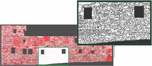 Figure 6. West Elevation to Linlithgow Palace with applied automatic masonry segmentation. The ROI highlighted in green in shown enlarged.